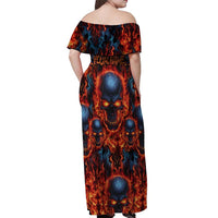 Custom Flaming Skull Bowling Off Shoulder Maxi Dress with Fiery Pins and Intense Red Blue Flame Pattern - Wonder Print Shop