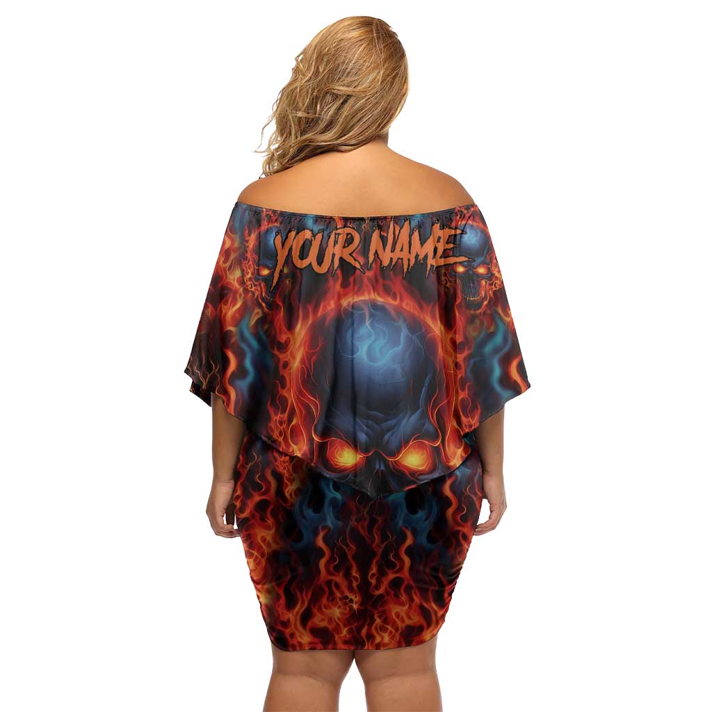 Custom Flaming Skull Bowling Off Shoulder Short Dress with Fiery Pins and Intense Red Blue Flame Pattern - Wonder Print Shop