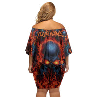 Custom Flaming Skull Bowling Off Shoulder Short Dress with Fiery Pins and Intense Red Blue Flame Pattern - Wonder Print Shop