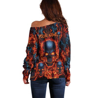 Custom Flaming Skull Bowling Off Shoulder Sweater with Fiery Pins and Intense Red Blue Flame Pattern - Wonder Print Shop