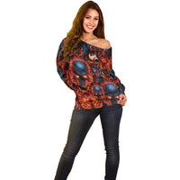 Custom Flaming Skull Bowling Off Shoulder Sweater with Fiery Pins and Intense Red Blue Flame Pattern - Wonder Print Shop