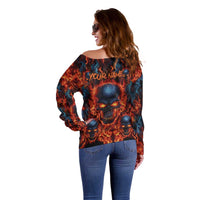 Custom Flaming Skull Bowling Off Shoulder Sweater with Fiery Pins and Intense Red Blue Flame Pattern - Wonder Print Shop