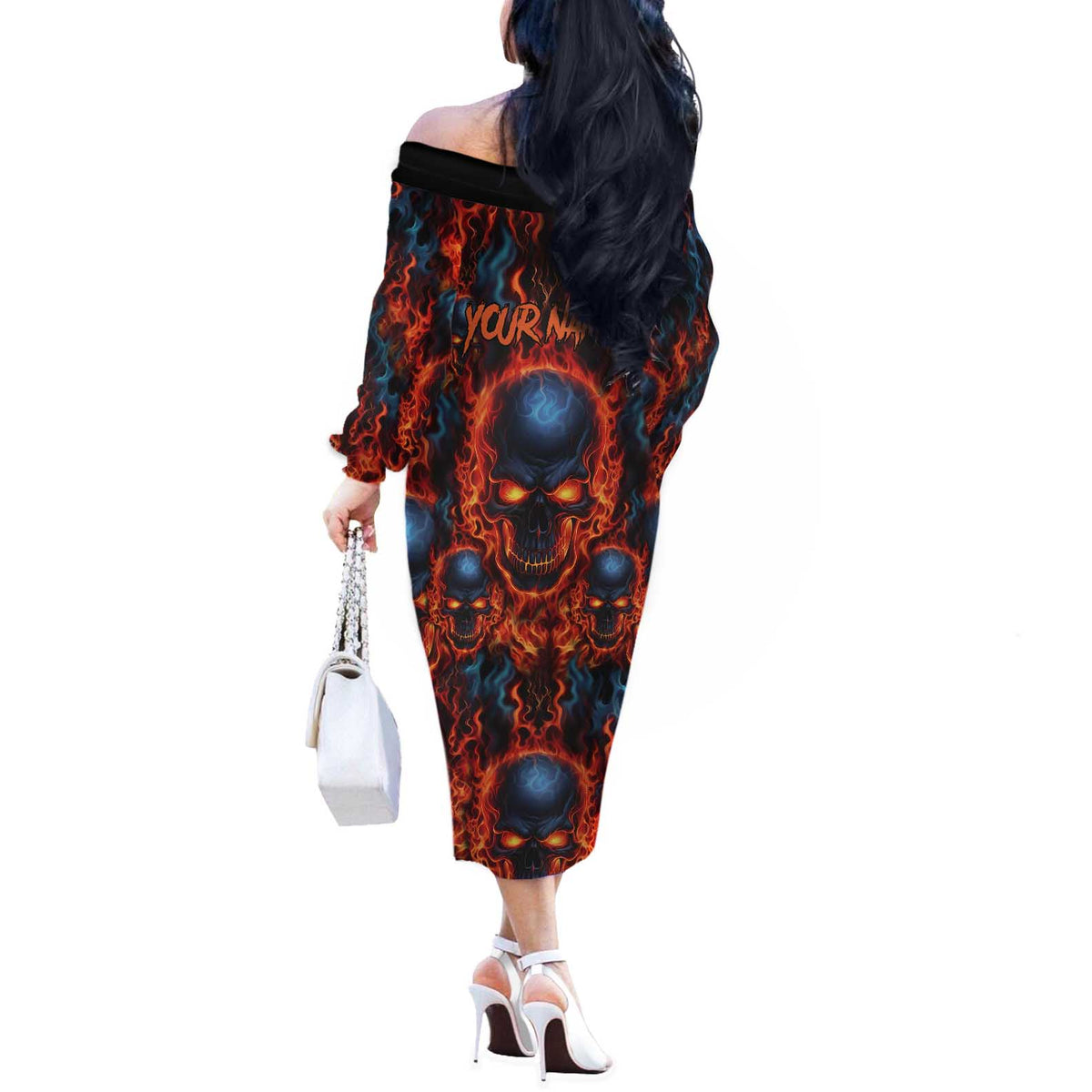 Custom Flaming Skull Bowling Off The Shoulder Long Sleeve Dress with Fiery Pins and Intense Red Blue Flame Pattern - Wonder Print Shop