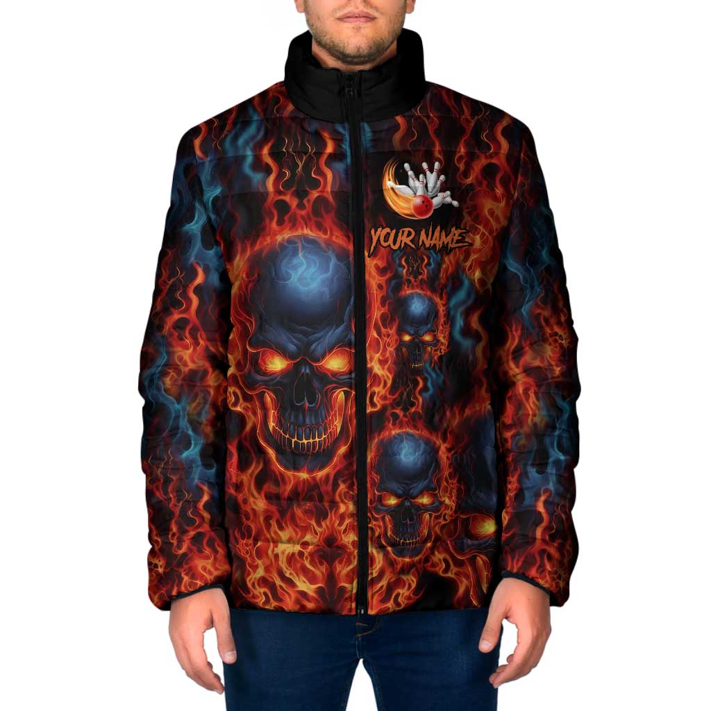 Custom Flaming Skull Bowling Padded Jacket with Fiery Pins and Intense Red Blue Flame Pattern - Wonder Print Shop