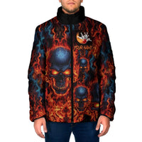 Custom Flaming Skull Bowling Padded Jacket with Fiery Pins and Intense Red Blue Flame Pattern - Wonder Print Shop