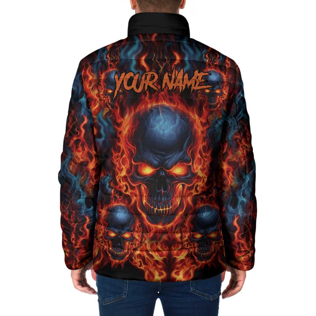 Custom Flaming Skull Bowling Padded Jacket with Fiery Pins and Intense Red Blue Flame Pattern - Wonder Print Shop