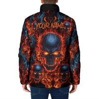Custom Flaming Skull Bowling Padded Jacket with Fiery Pins and Intense Red Blue Flame Pattern - Wonder Print Shop