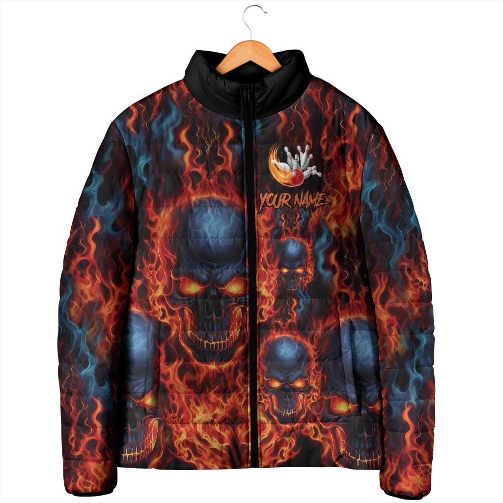 Custom Flaming Skull Bowling Padded Jacket with Fiery Pins and Intense Red Blue Flame Pattern - Wonder Print Shop