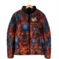 Custom Flaming Skull Bowling Padded Jacket with Fiery Pins and Intense Red Blue Flame Pattern - Wonder Print Shop