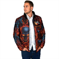 Custom Flaming Skull Bowling Padded Jacket with Fiery Pins and Intense Red Blue Flame Pattern - Wonder Print Shop