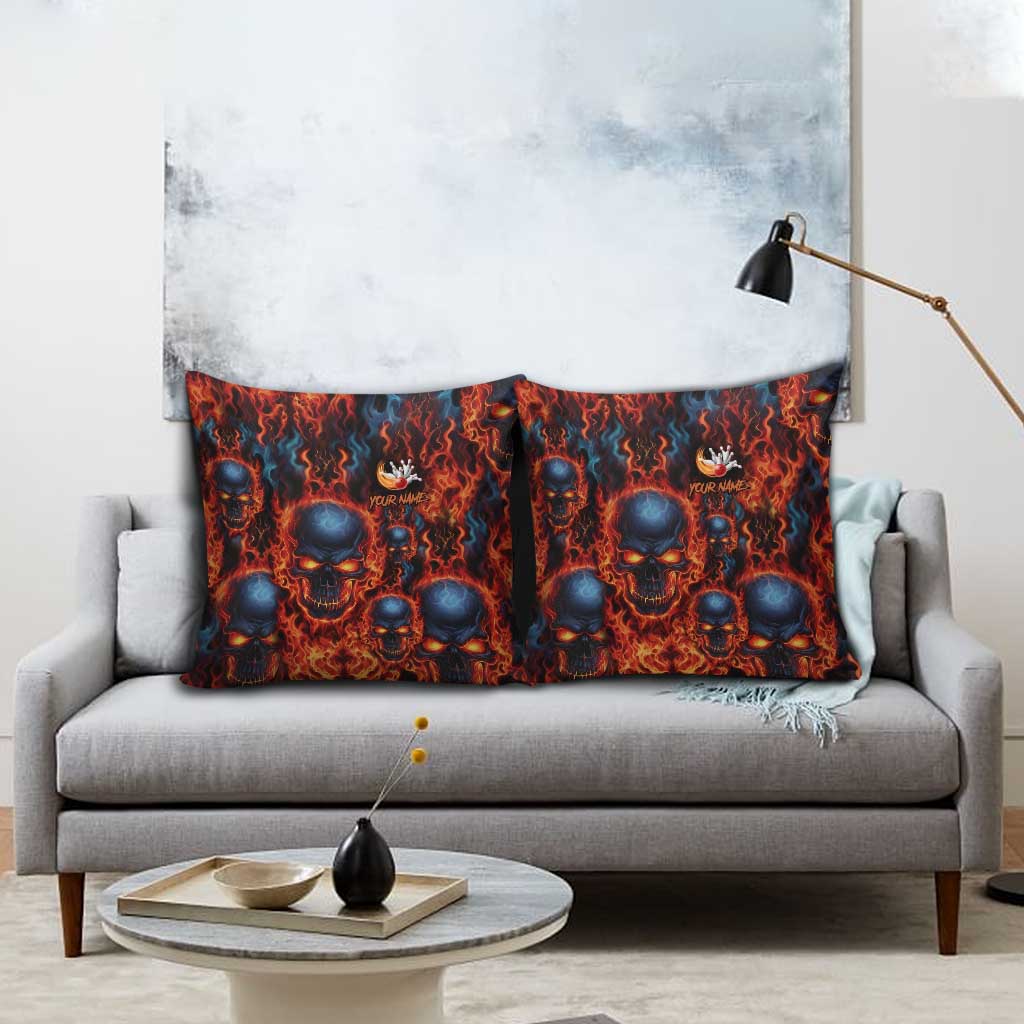 Custom Flaming Skull Bowling Pillow Cover with Fiery Pins and Intense Red Blue Flame Pattern - Wonder Print Shop