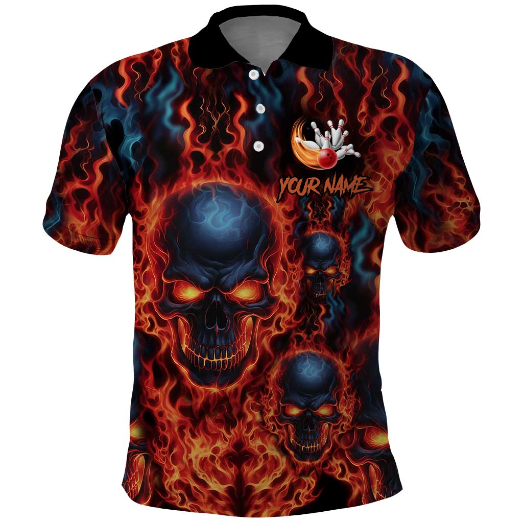 Custom Flaming Skull Bowling Polo Shirt with Fiery Pins and Intense Red Blue Flame Pattern - Wonder Print Shop