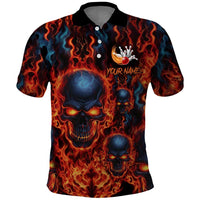 Custom Flaming Skull Bowling Polo Shirt with Fiery Pins and Intense Red Blue Flame Pattern - Wonder Print Shop