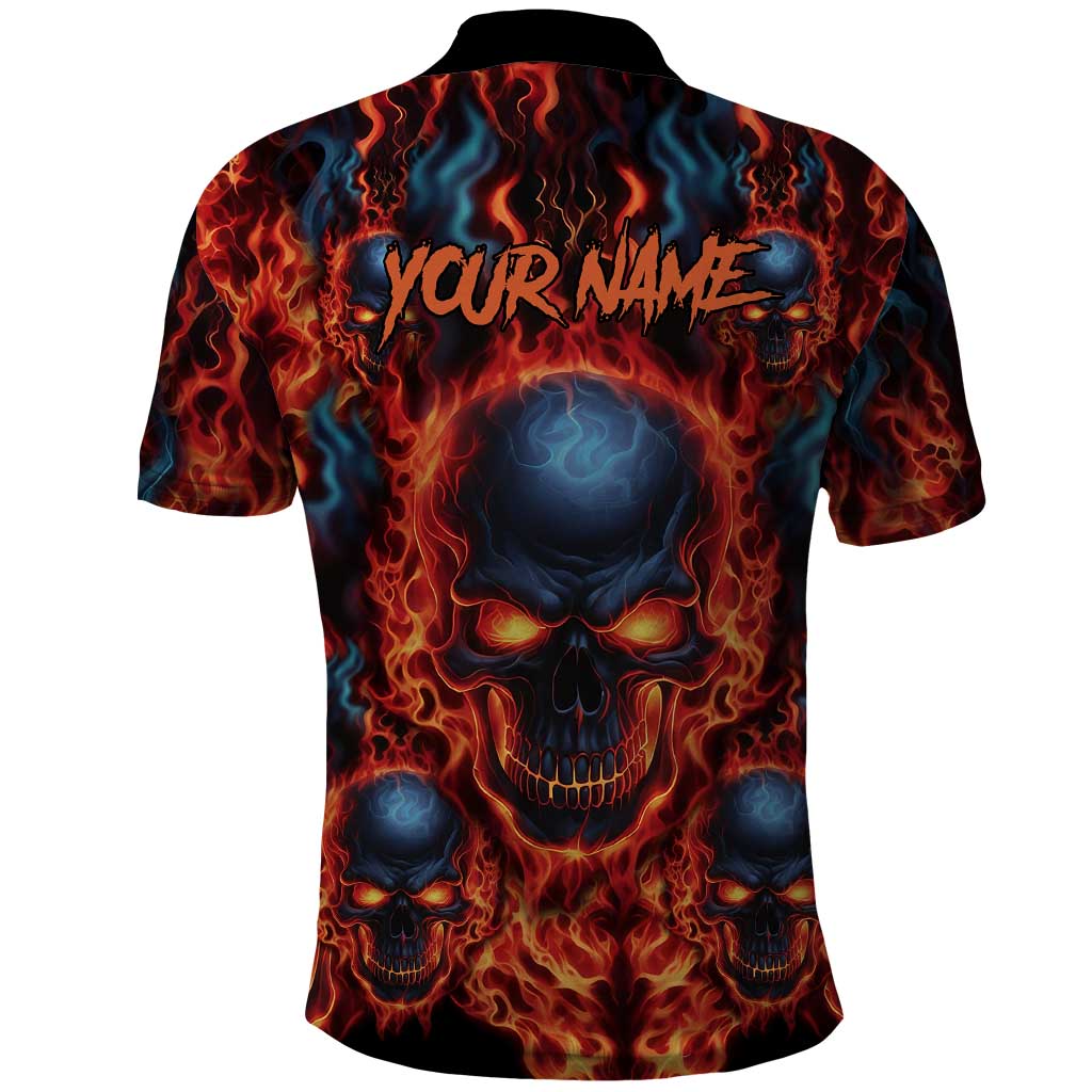 Custom Flaming Skull Bowling Polo Shirt with Fiery Pins and Intense Red Blue Flame Pattern - Wonder Print Shop