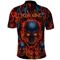 Custom Flaming Skull Bowling Polo Shirt with Fiery Pins and Intense Red Blue Flame Pattern - Wonder Print Shop