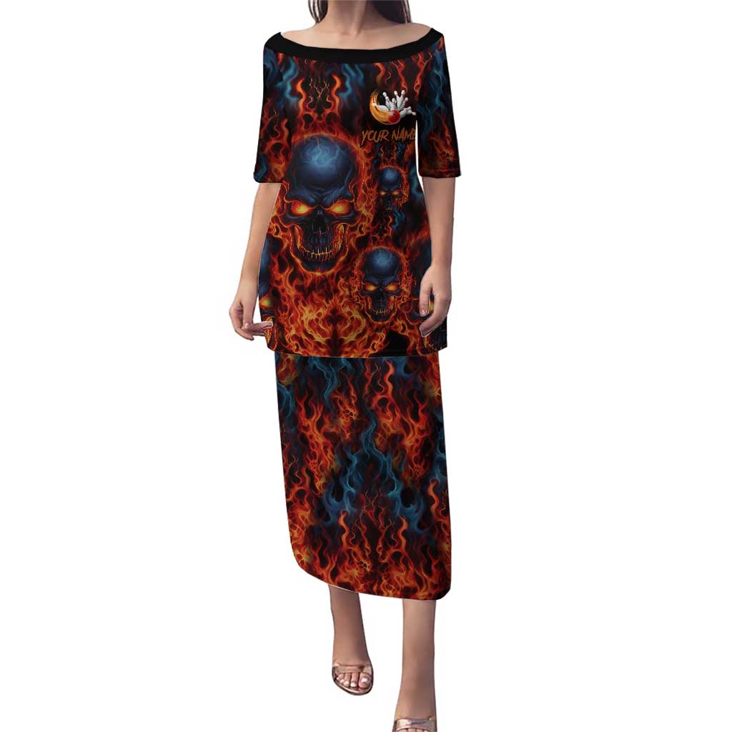 Custom Flaming Skull Bowling Puletasi with Fiery Pins and Intense Red Blue Flame Pattern - Wonder Print Shop