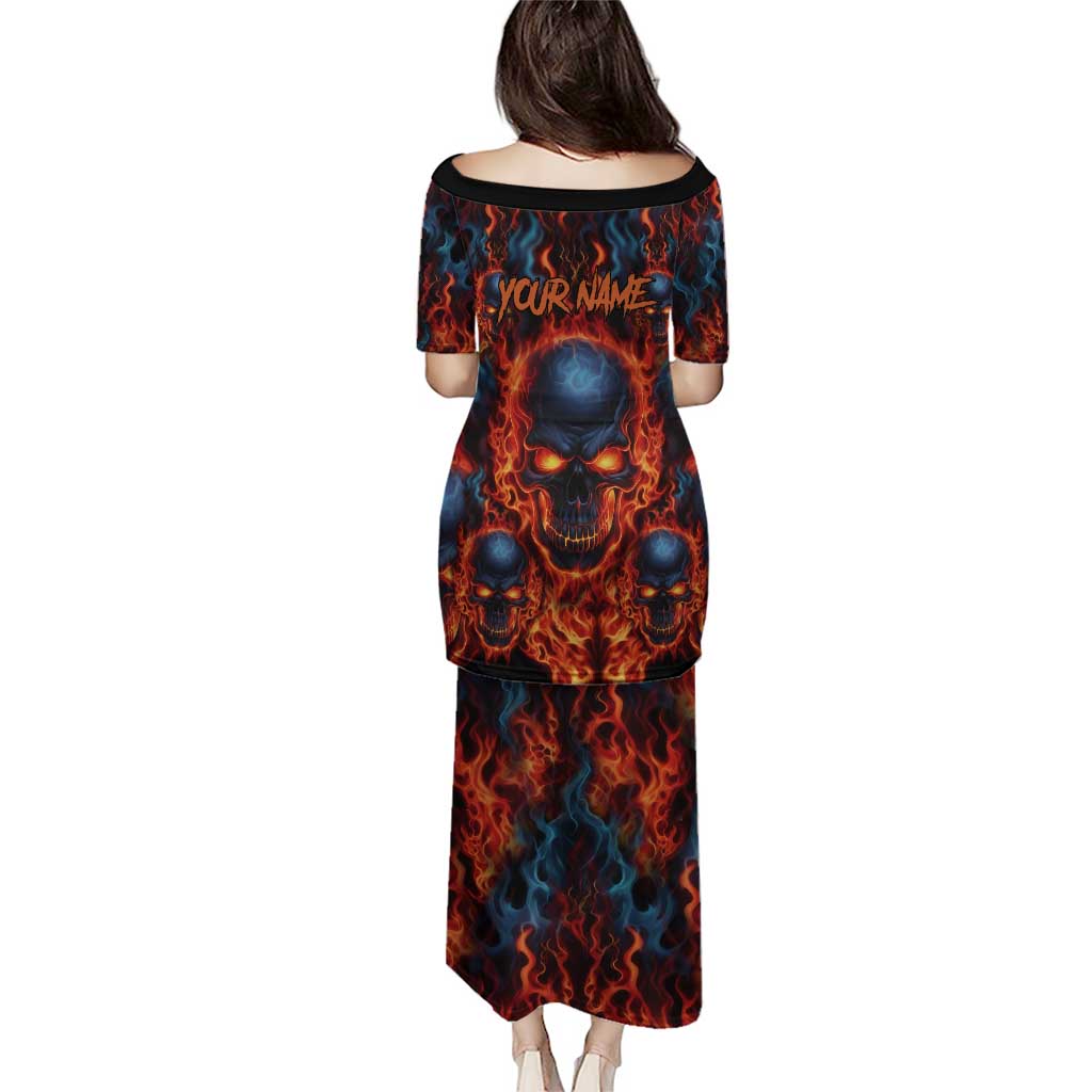 Custom Flaming Skull Bowling Puletasi with Fiery Pins and Intense Red Blue Flame Pattern - Wonder Print Shop