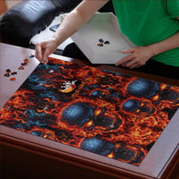 Custom Flaming Skull Bowling Puzzle with Fiery Pins and Intense Red Blue Flame Pattern - Wonder Print Shop