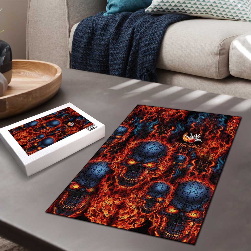 Custom Flaming Skull Bowling Puzzle with Fiery Pins and Intense Red Blue Flame Pattern - Wonder Print Shop