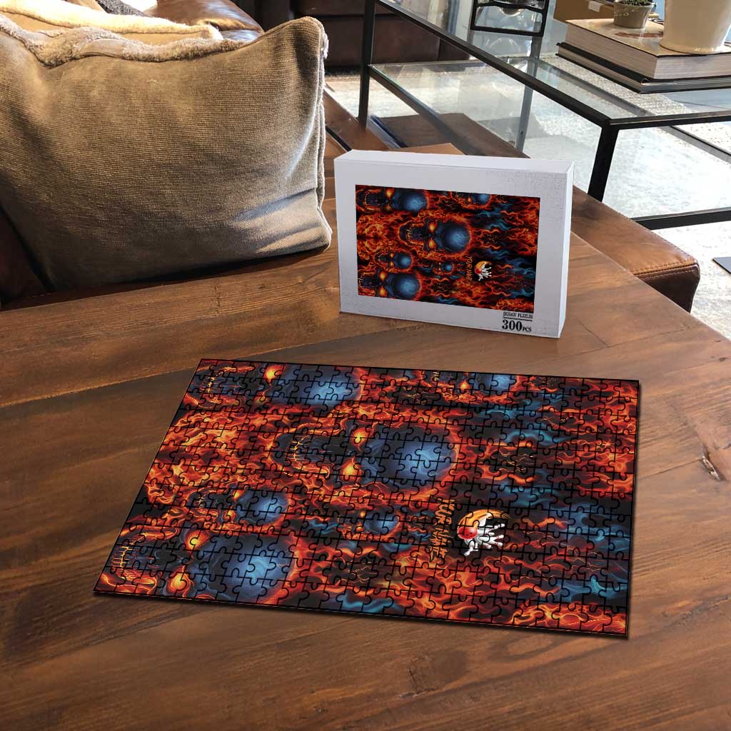 Custom Flaming Skull Bowling Puzzle with Fiery Pins and Intense Red Blue Flame Pattern - Wonder Print Shop
