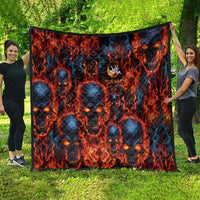 Custom Flaming Skull Bowling Quilt with Fiery Pins and Intense Red Blue Flame Pattern - Wonder Print Shop