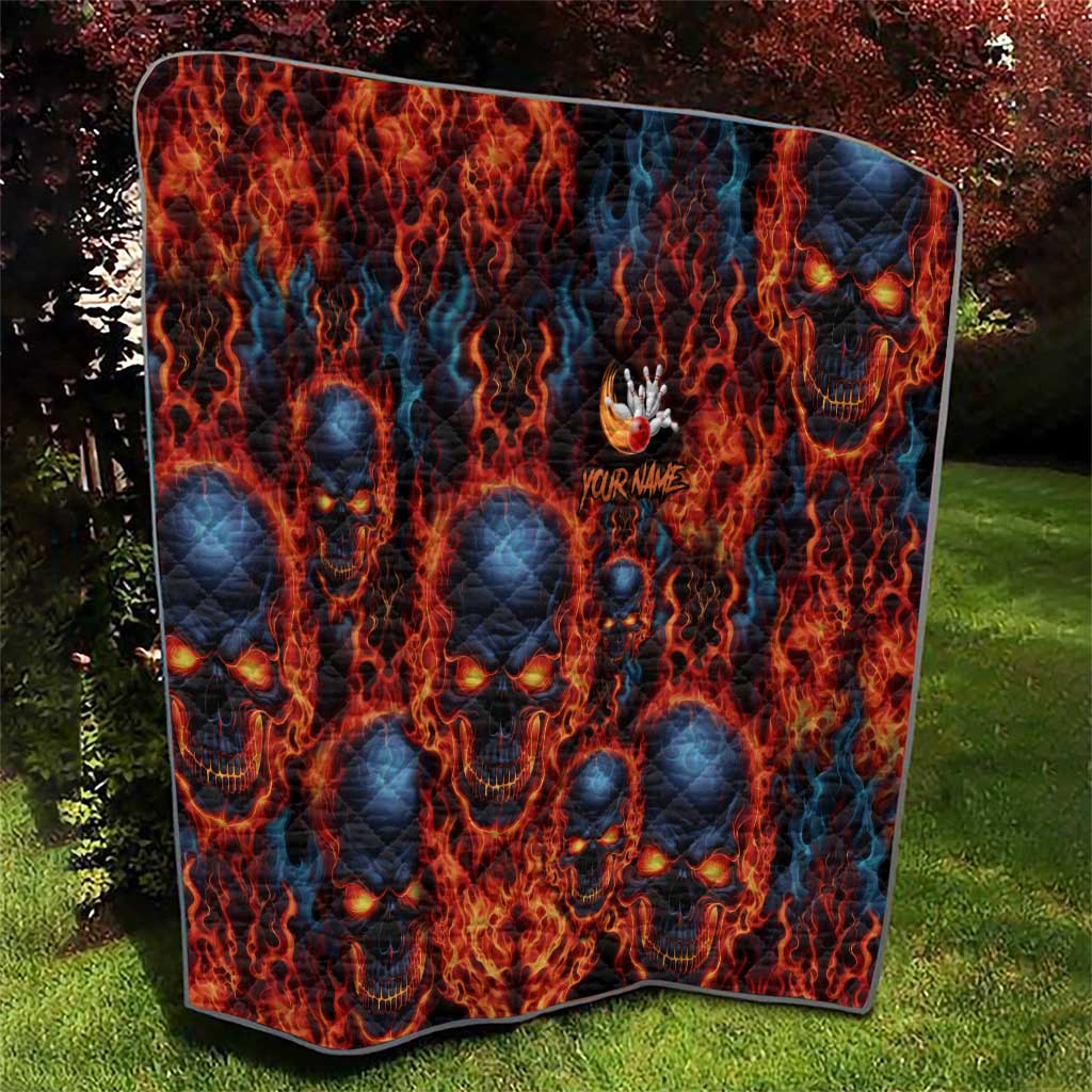 Custom Flaming Skull Bowling Quilt with Fiery Pins and Intense Red Blue Flame Pattern - Wonder Print Shop