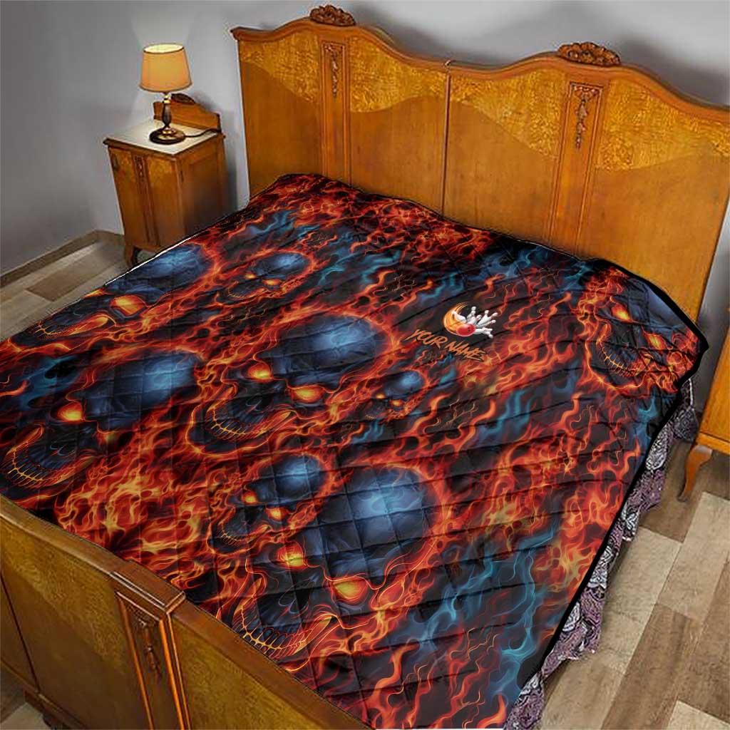 Custom Flaming Skull Bowling Quilt with Fiery Pins and Intense Red Blue Flame Pattern - Wonder Print Shop
