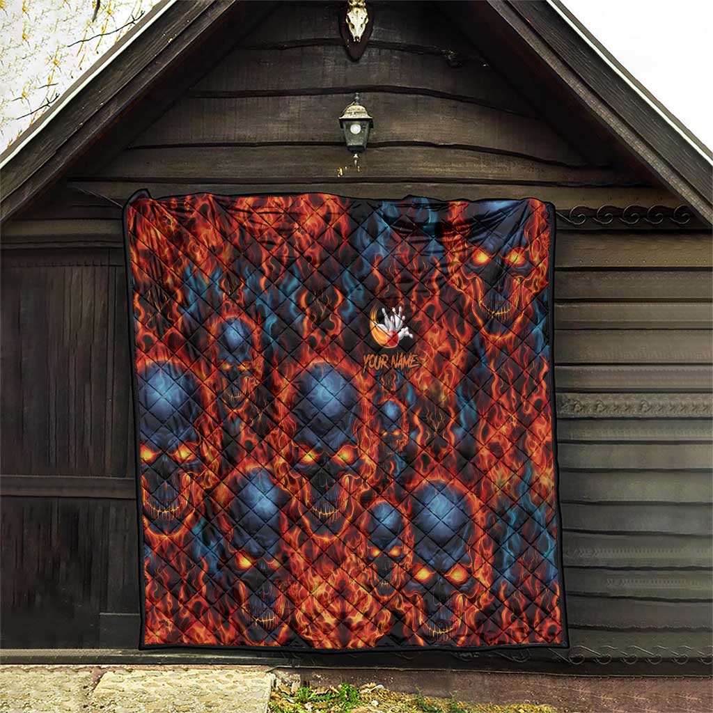 Custom Flaming Skull Bowling Quilt with Fiery Pins and Intense Red Blue Flame Pattern - Wonder Print Shop
