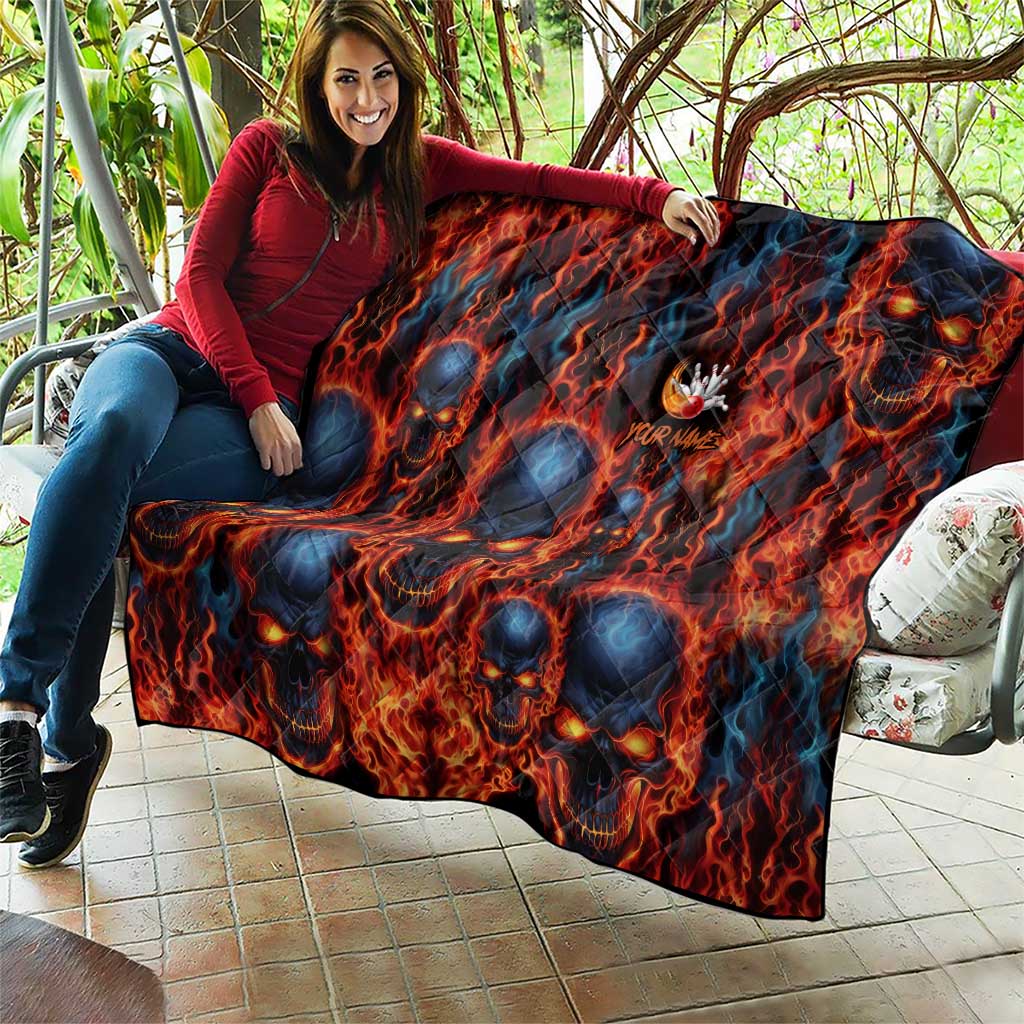 Custom Flaming Skull Bowling Quilt with Fiery Pins and Intense Red Blue Flame Pattern - Wonder Print Shop