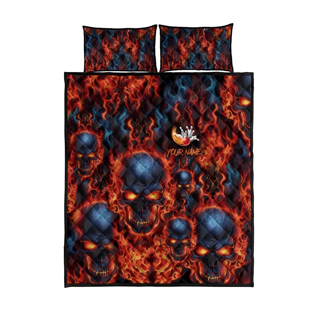 Custom Flaming Skull Bowling Quilt Bed Set with Fiery Pins and Intense Red Blue Flame Pattern - Wonder Print Shop