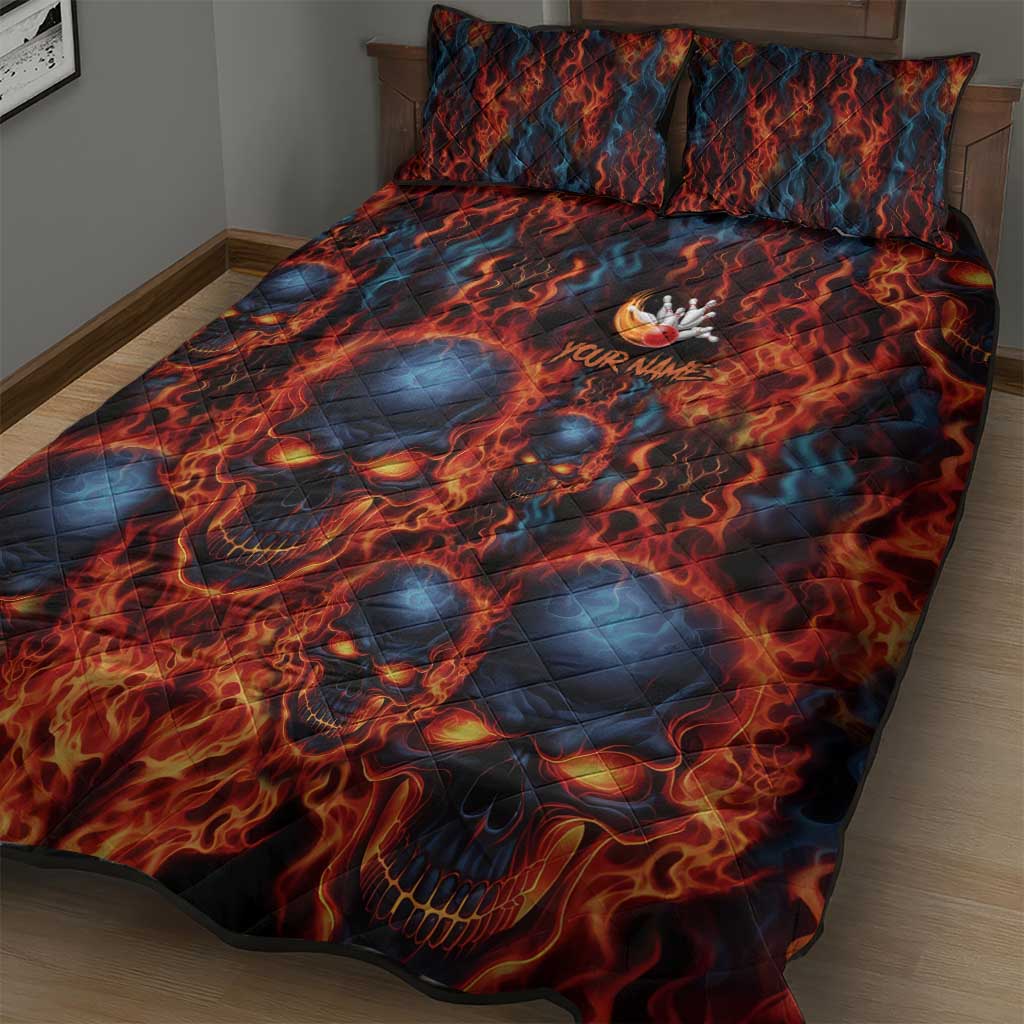 Custom Flaming Skull Bowling Quilt Bed Set with Fiery Pins and Intense Red Blue Flame Pattern - Wonder Print Shop