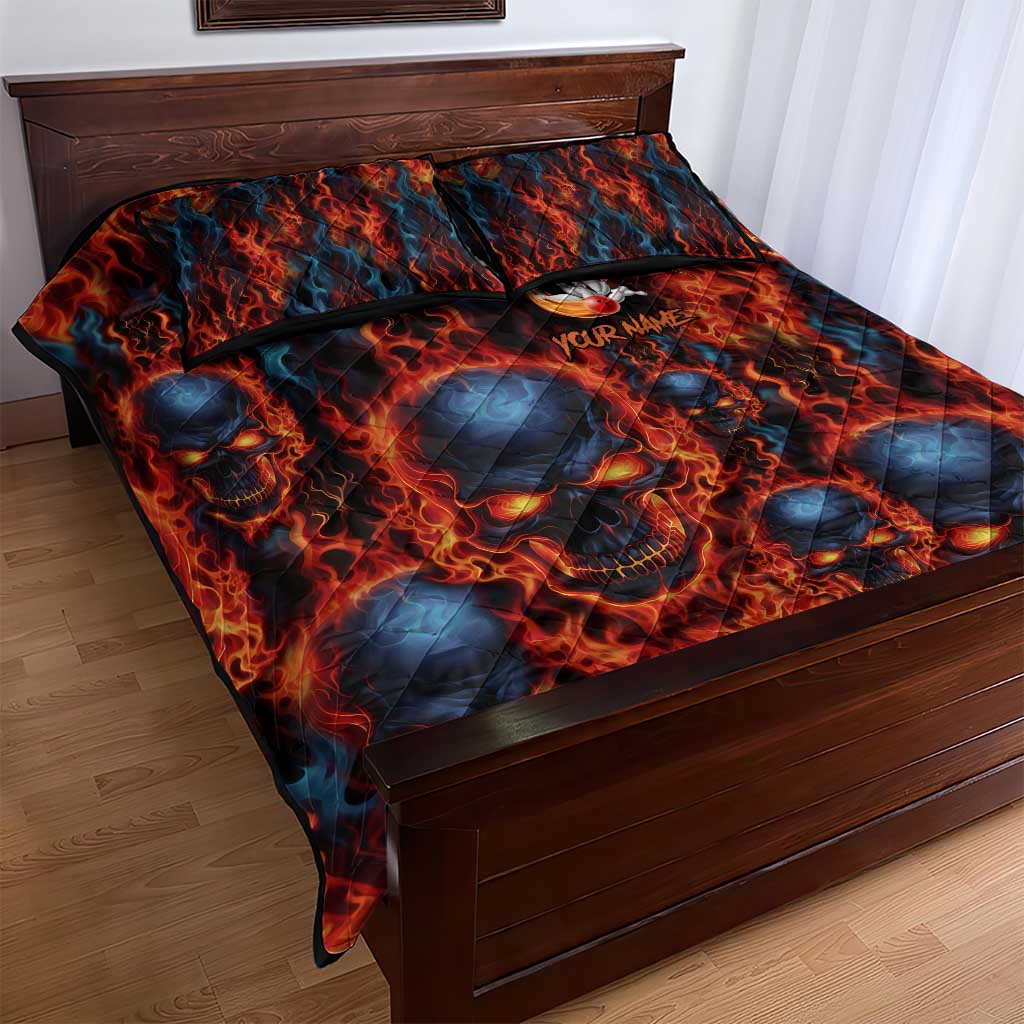 Custom Flaming Skull Bowling Quilt Bed Set with Fiery Pins and Intense Red Blue Flame Pattern - Wonder Print Shop