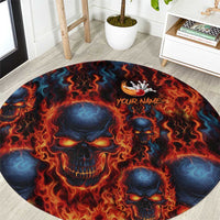 Custom Flaming Skull Bowling Round Carpet with Fiery Pins and Intense Red Blue Flame Pattern - Wonder Print Shop