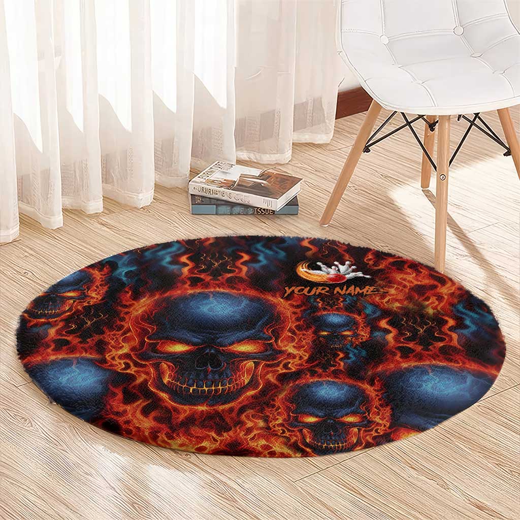 Custom Flaming Skull Bowling Round Carpet with Fiery Pins and Intense Red Blue Flame Pattern - Wonder Print Shop