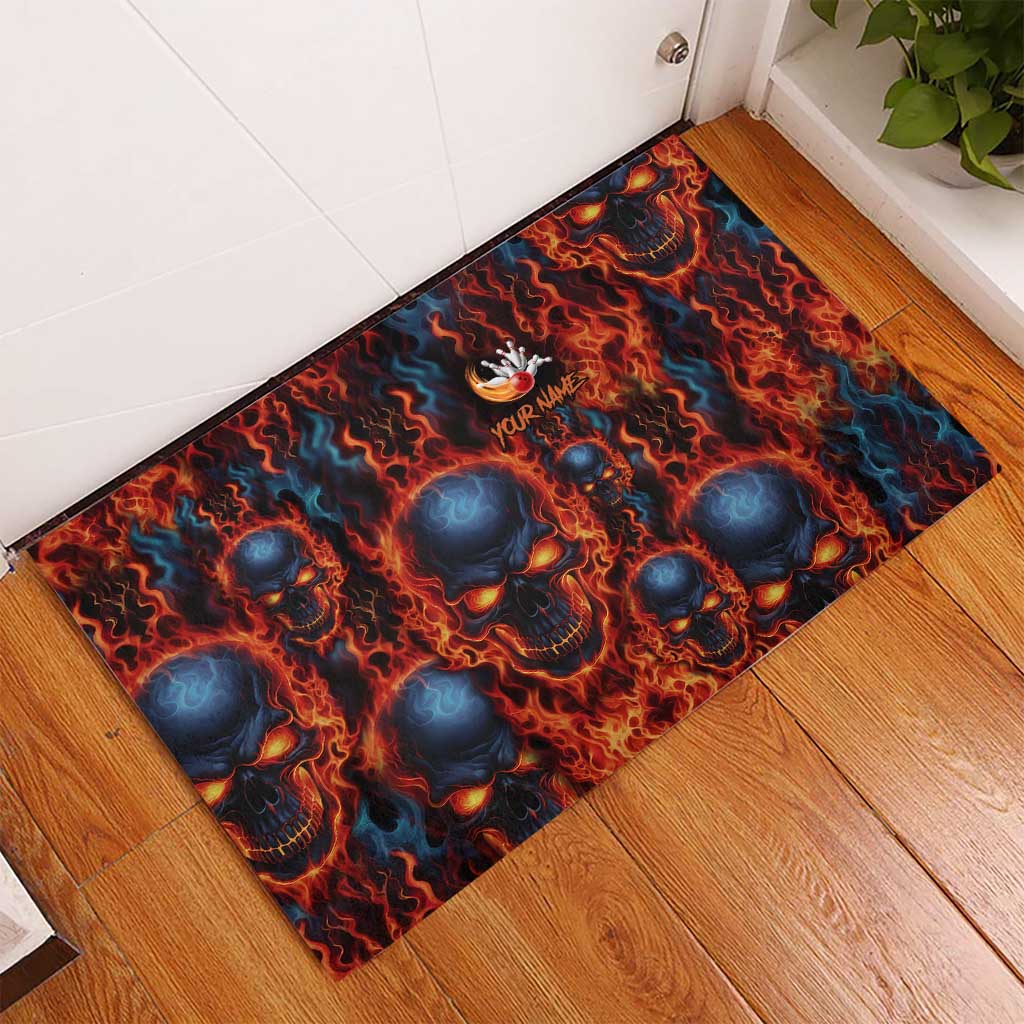 Custom Flaming Skull Bowling Rubber Doormat with Fiery Pins and Intense Red Blue Flame Pattern - Wonder Print Shop