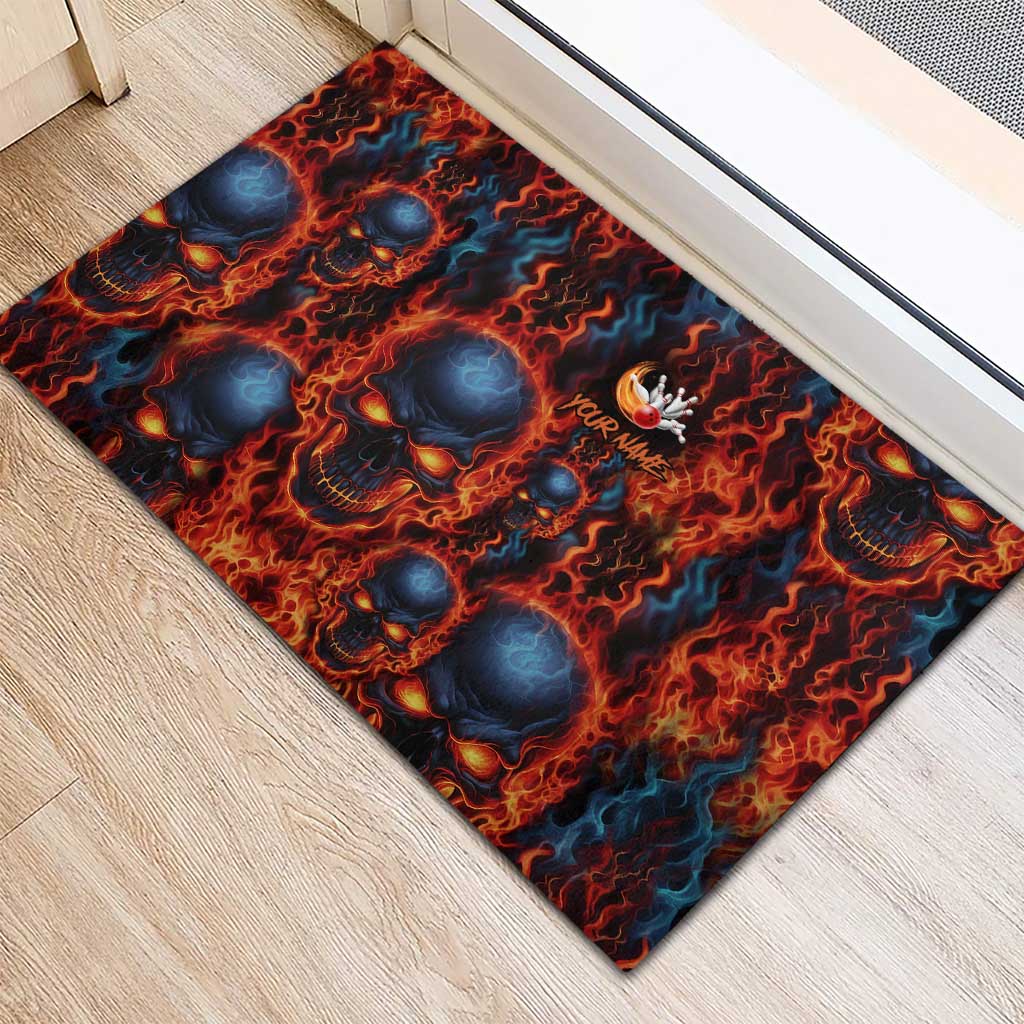 Custom Flaming Skull Bowling Rubber Doormat with Fiery Pins and Intense Red Blue Flame Pattern - Wonder Print Shop