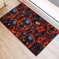 Custom Flaming Skull Bowling Rubber Doormat with Fiery Pins and Intense Red Blue Flame Pattern - Wonder Print Shop