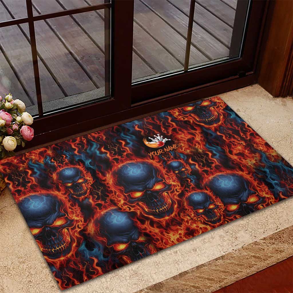 Custom Flaming Skull Bowling Rubber Doormat with Fiery Pins and Intense Red Blue Flame Pattern - Wonder Print Shop