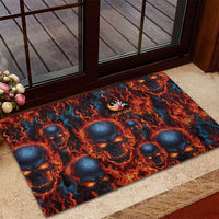 Custom Flaming Skull Bowling Rubber Doormat with Fiery Pins and Intense Red Blue Flame Pattern - Wonder Print Shop