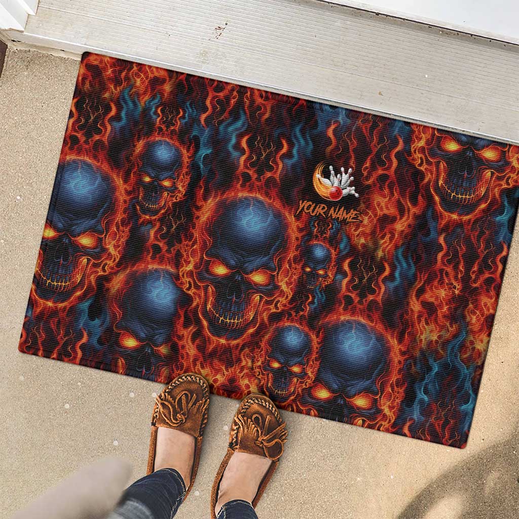 Custom Flaming Skull Bowling Rubber Doormat with Fiery Pins and Intense Red Blue Flame Pattern - Wonder Print Shop
