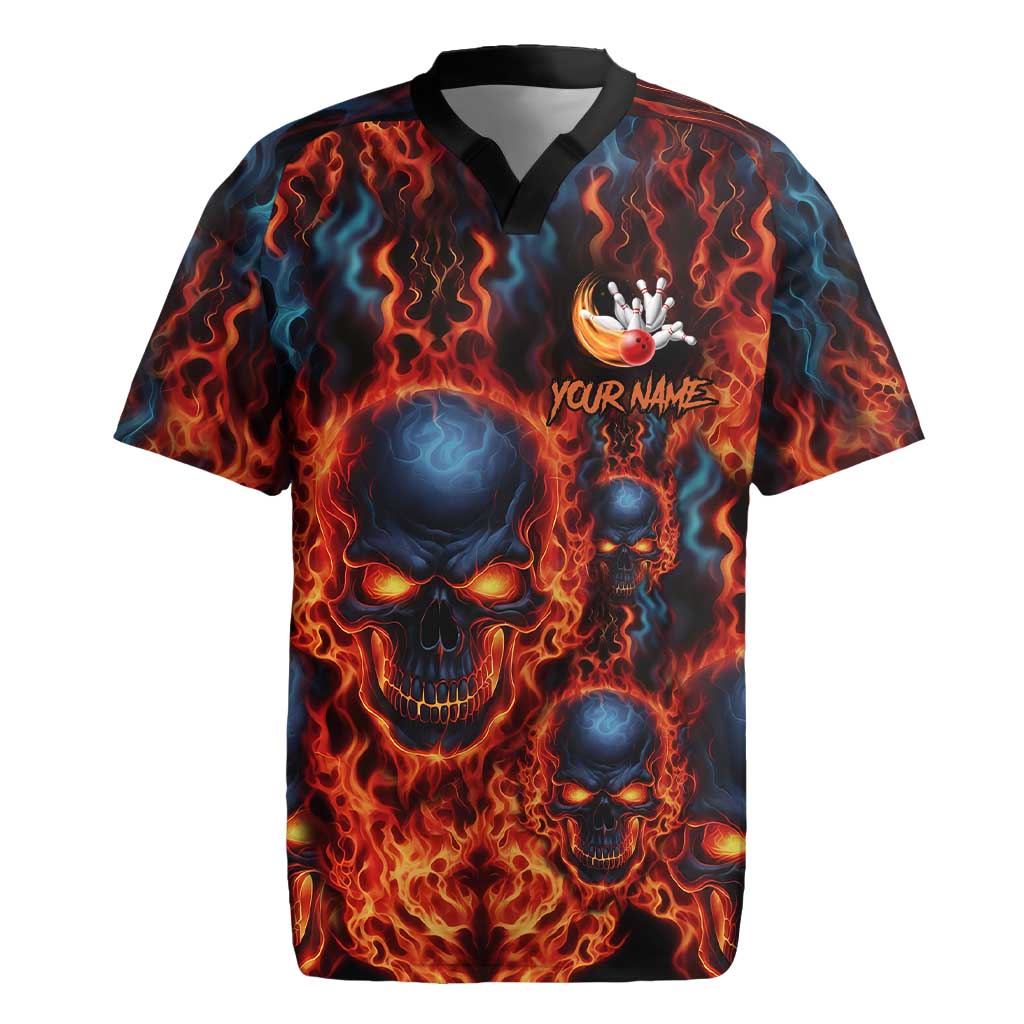 Custom Flaming Skull Bowling Rugby Jersey with Fiery Pins and Intense Red Blue Flame Pattern - Wonder Print Shop
