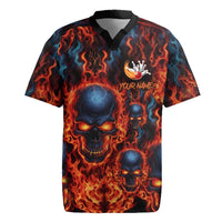 Custom Flaming Skull Bowling Rugby Jersey with Fiery Pins and Intense Red Blue Flame Pattern - Wonder Print Shop