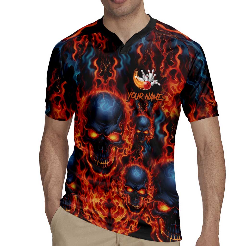 Custom Flaming Skull Bowling Rugby Jersey with Fiery Pins and Intense Red Blue Flame Pattern - Wonder Print Shop