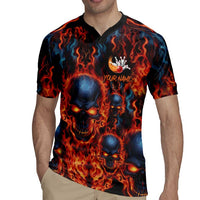 Custom Flaming Skull Bowling Rugby Jersey with Fiery Pins and Intense Red Blue Flame Pattern - Wonder Print Shop