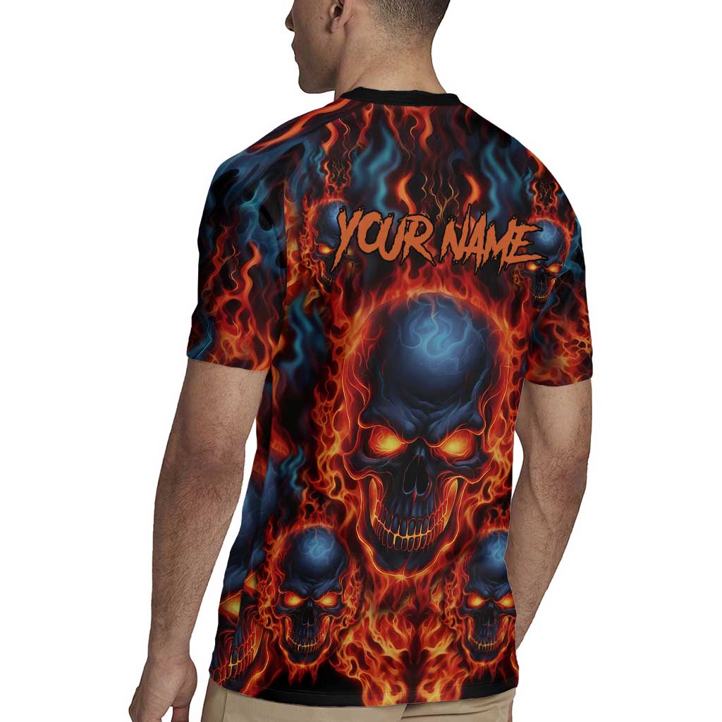 Custom Flaming Skull Bowling Rugby Jersey with Fiery Pins and Intense Red Blue Flame Pattern - Wonder Print Shop