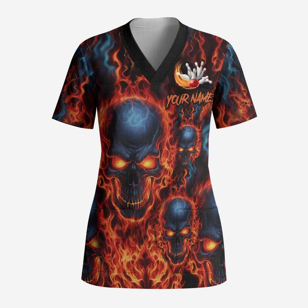Custom Flaming Skull Bowling Scrub Top with Fiery Pins and Intense Red Blue Flame Pattern - Wonder Print Shop