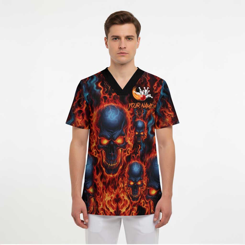 Custom Flaming Skull Bowling Scrub Top with Fiery Pins and Intense Red Blue Flame Pattern - Wonder Print Shop