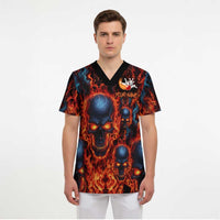 Custom Flaming Skull Bowling Scrub Top with Fiery Pins and Intense Red Blue Flame Pattern - Wonder Print Shop