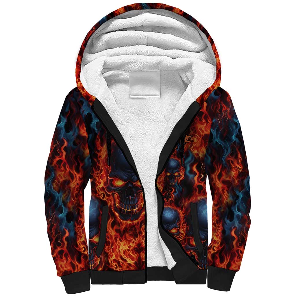 Custom Flaming Skull Bowling Sherpa Hoodie with Fiery Pins and Intense Red Blue Flame Pattern - Wonder Print Shop