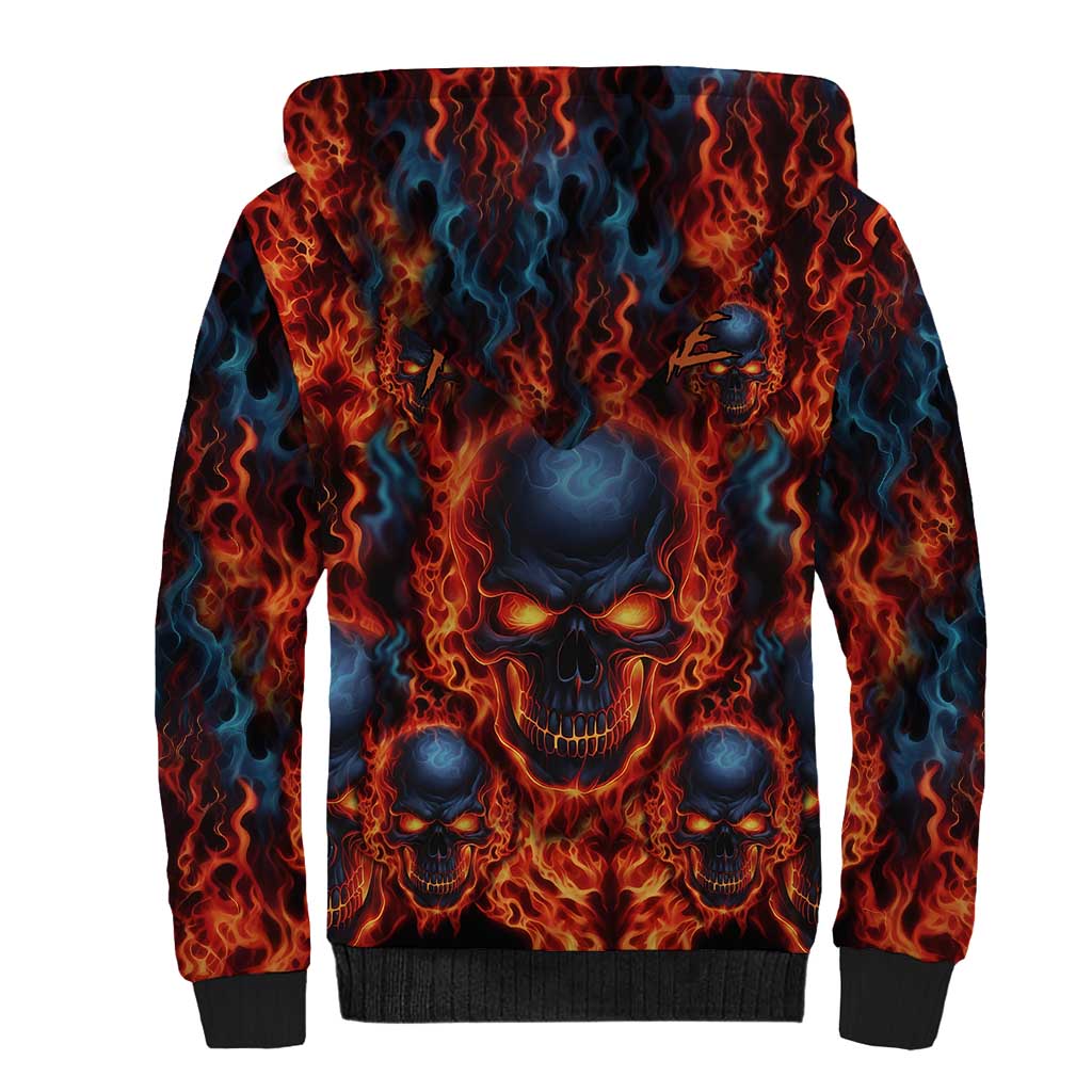 Custom Flaming Skull Bowling Sherpa Hoodie with Fiery Pins and Intense Red Blue Flame Pattern - Wonder Print Shop